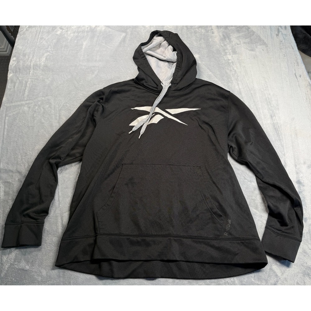 Reebok Hoodie Mens XL Black Kangaroo Pockets Fleece Lined Long Sleeve Big Logo